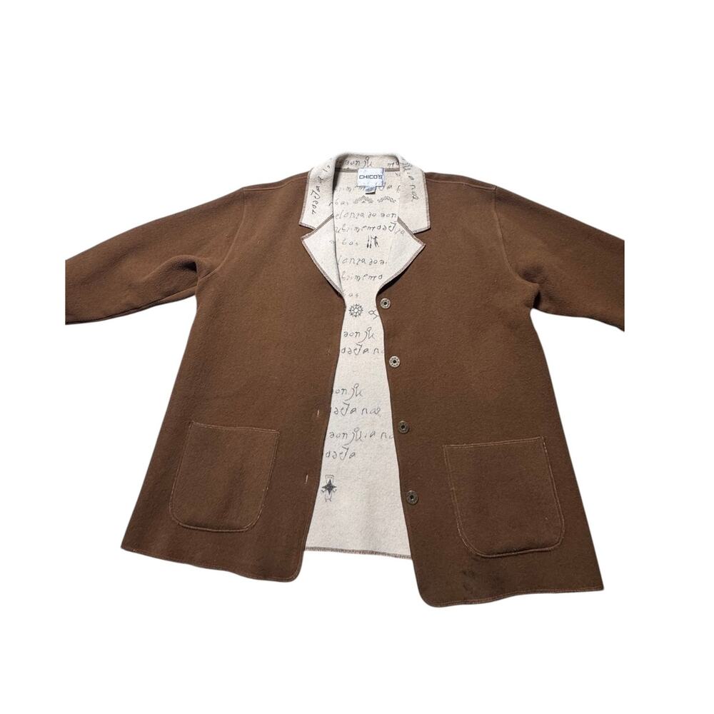 Chico's Tailored Jacket Women's 3 Brown Writing Scriptures Print Button Front - Picture 8 of 15